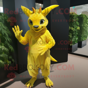 Lemon Yellow Chupacabra mascot costume character dressed with a Sheath Dress and Gloves