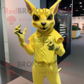 Lemon Yellow Chupacabra mascot costume character dressed with a Sheath Dress and Gloves