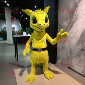 Lemon Yellow Chupacabra mascot costume character dressed with a Sheath Dress and Gloves