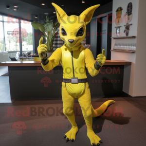 Lemon Yellow Chupacabra mascot costume character dressed with a Sheath Dress and Gloves