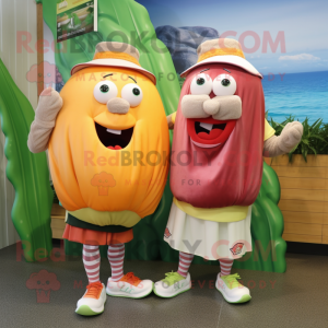 Peach Corned Beef And Cabbage mascot costume character dressed with a Board Shorts and Scarves