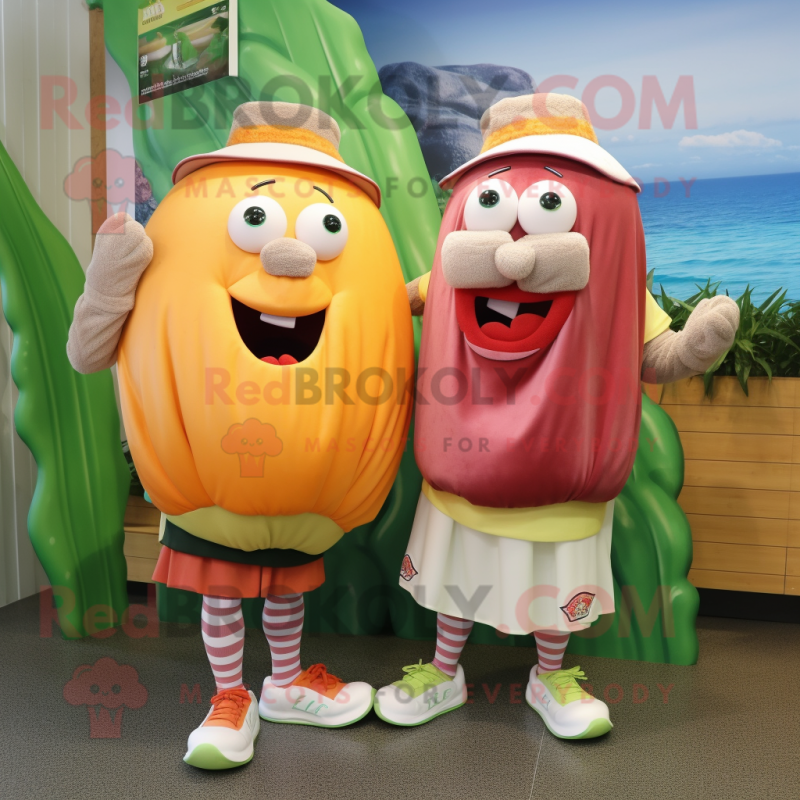 Peach Corned Beef And Cabbage mascot costume character dressed with a Board Shorts and Scarves Peach Corned Beef And Cabbage mascot costume character dressed with a Board Shorts and Scarves
