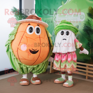 Peach Corned Beef And Cabbage mascot costume character dressed with a Board Shorts and Scarves