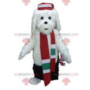 Mascote cachorro branco com roupa de inverno, fantasia de
