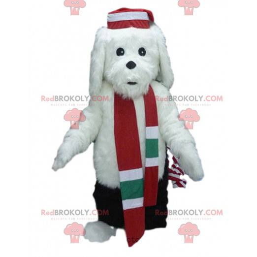 Biała maskotka pies w stroju zimowym, kostium zimowy -