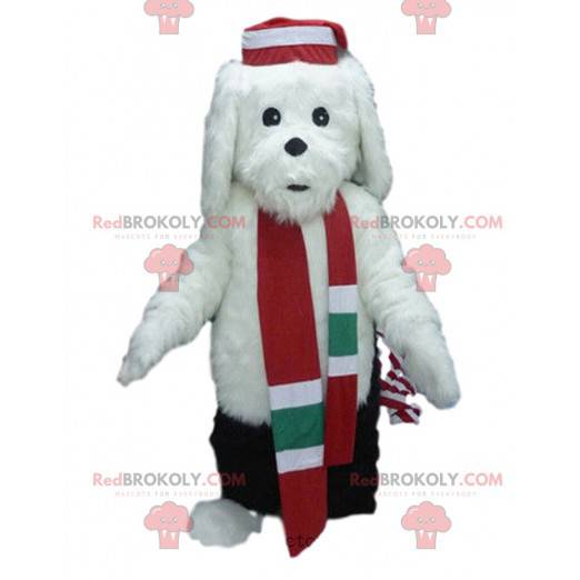Hvit hundemaskot i vinterantrekk, vinterdrakt - Redbrokoly.com