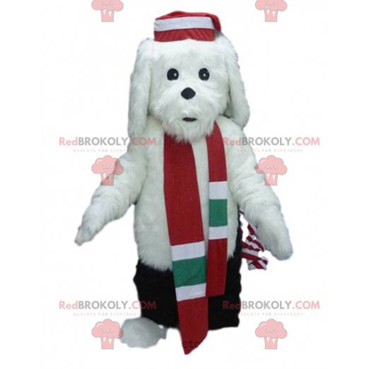 Mascote cachorro branco com roupa de inverno, fantasia de