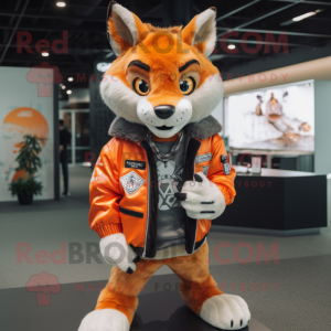 Orange Lynx mascot costume character dressed with a Bomber Jacket and Bracelets
