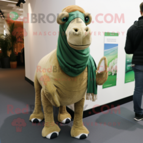 Green Camel mascot costume character dressed with a Jeans and Scarves
