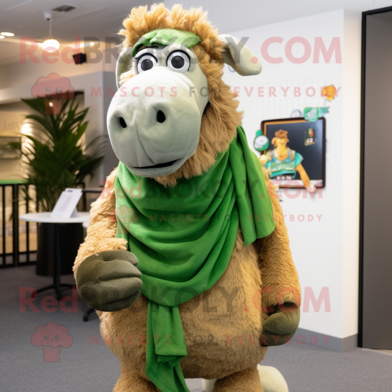 Green Camel mascot costume character dressed with a Jeans and Scarves