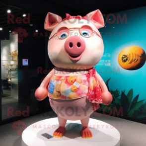 Peach Pig mascot costume character dressed with a Swimwear and Coin purses