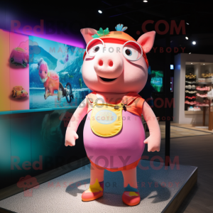 Peach Pig mascot costume character dressed with a Swimwear and Coin purses