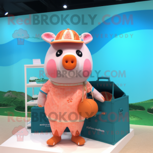 Peach Pig mascot costume character dressed with a Swimwear and Coin purses