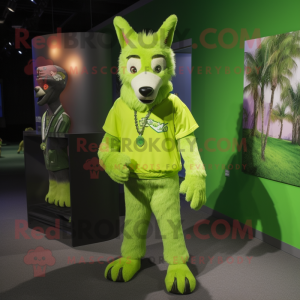 Lime Green Dingo mascot costume character dressed with a Bermuda Shorts and Hair clips