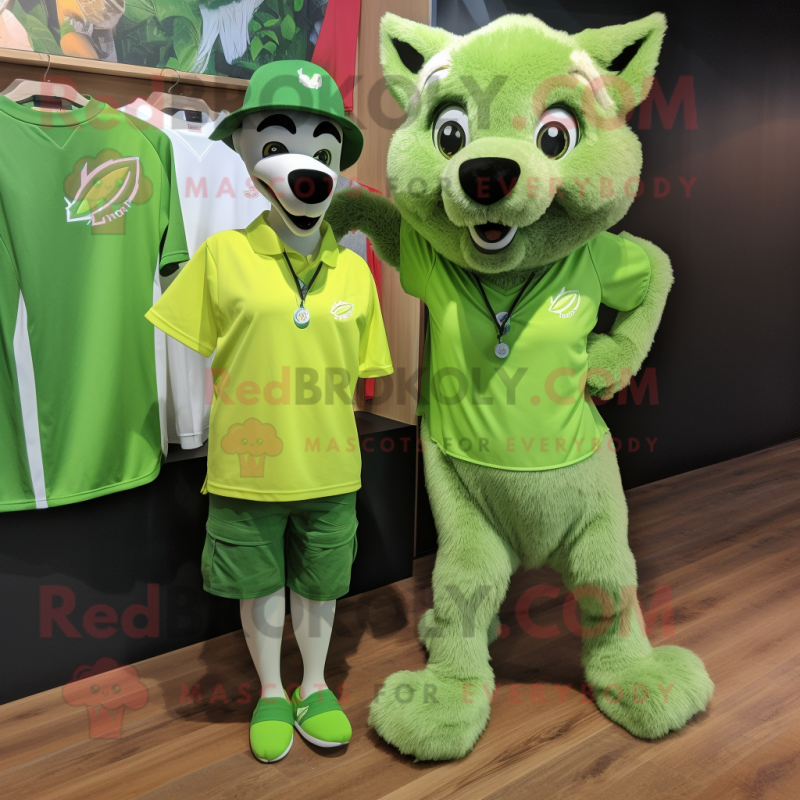 Lime Green Dingo mascot costume character dressed with a Bermuda Shorts and Hair clips