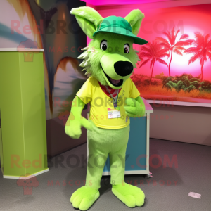 Lime Green Dingo mascot costume character dressed with a Bermuda Shorts and Hair clips
