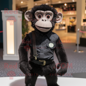 Black Monkey mascot costume character dressed with a Henley Shirt and Suspenders