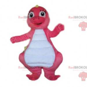 Mascote de dinossauro rosa e branco, fantasia de dragão rosa -