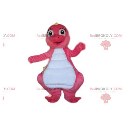Pink and white dinosaur mascot, pink dragon costume -