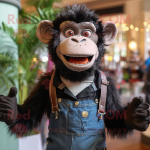 Black Monkey mascot costume character dressed with a Henley Shirt and Suspenders