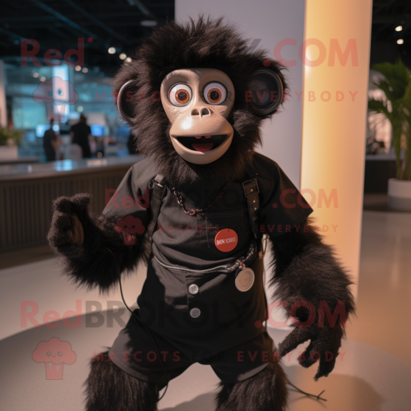 Black Monkey mascot costume character dressed with a Henley Shirt and Suspenders