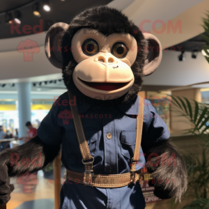 Black Monkey mascot costume character dressed with a Henley Shirt and Suspenders