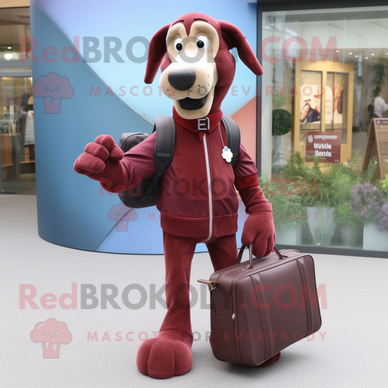 Maroon Dog mascot costume character dressed with a Jeggings and Briefcases Maroon Dog mascot costume character dressed with a Jeggings and Briefcases