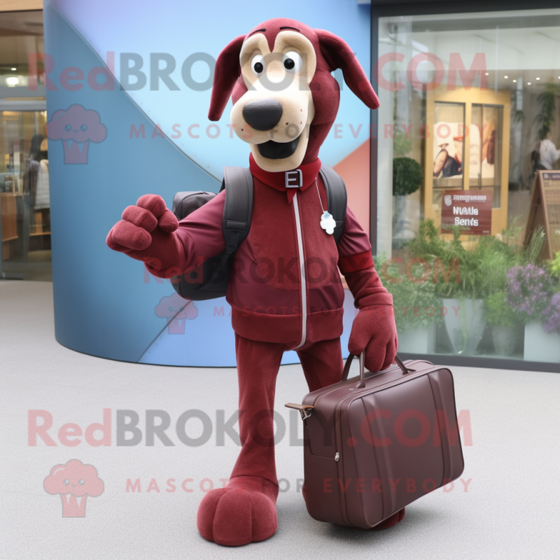 Maroon Dog mascot costume character dressed with a Jeggings and Briefcases