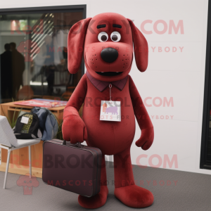 Maroon Dog mascot costume character dressed with a Jeggings and Briefcases