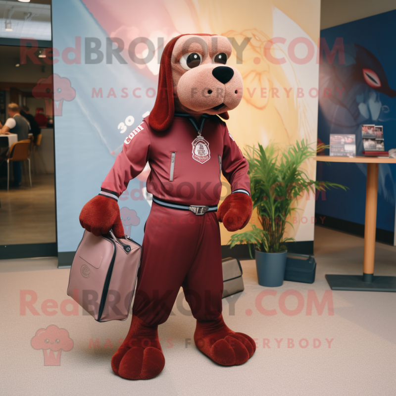 Maroon Dog mascot costume character dressed with a Jeggings and Briefcases