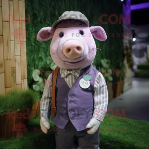 Lavender Pig mascot costume character dressed with a Waistcoat and Beanies