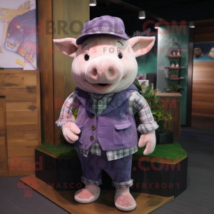 Lavender Pig mascot costume character dressed with a Waistcoat and Beanies