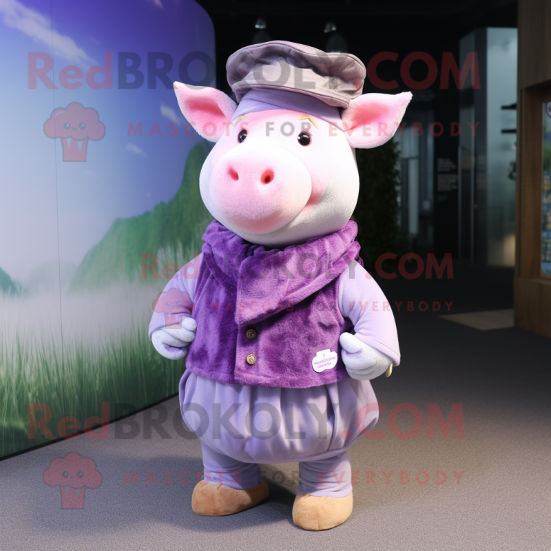 Lavender Pig mascot costume character dressed with a Waistcoat and Beanies