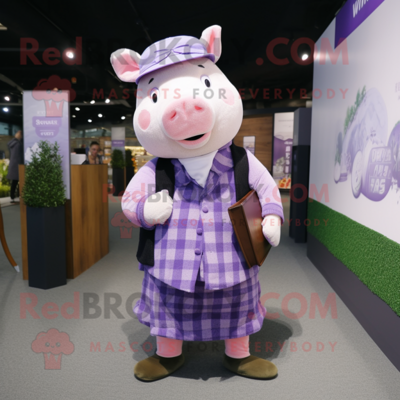 Lavender Pig mascot costume character dressed with a Waistcoat and Beanies Lavender Pig mascot costume character dressed with a Waistcoat and Beanies