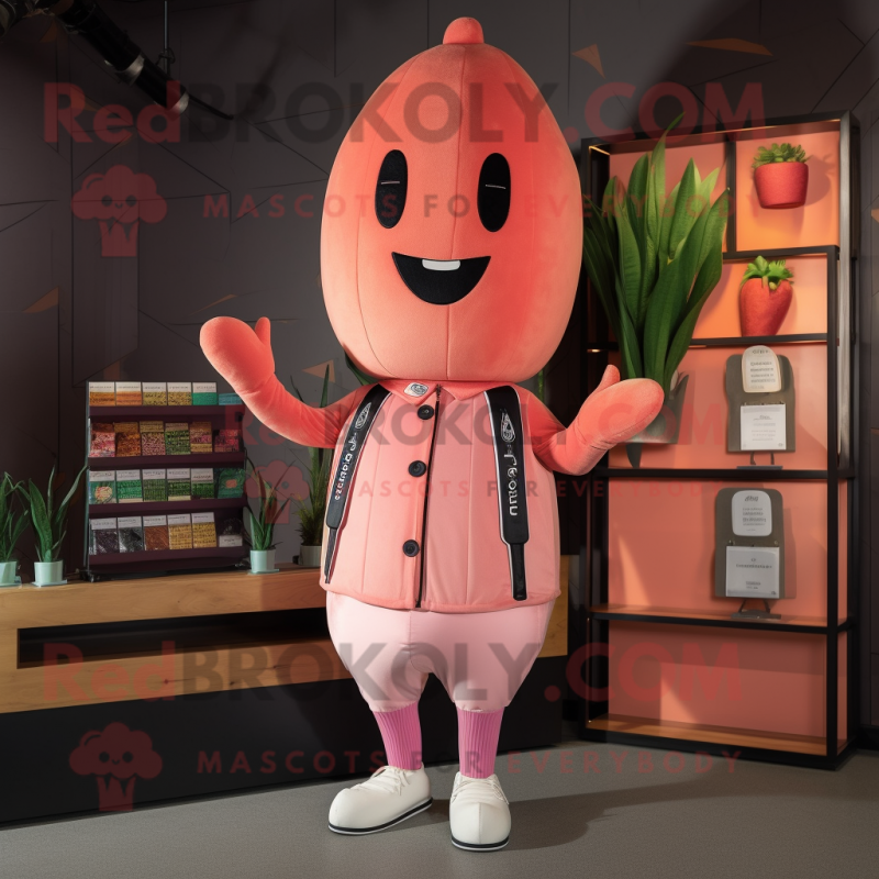 Pink Carrot mascot costume character dressed with a Bomber Jacket and Wallets