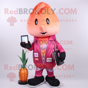 Pink Carrot mascot costume character dressed with a Bomber Jacket and Wallets