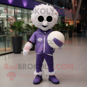Lavender Volleyball Ball mascot costume character dressed with a Moto Jacket and Gloves