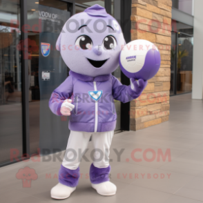 Lavender Volleyball Ball mascot costume character dressed with a Moto Jacket and Gloves