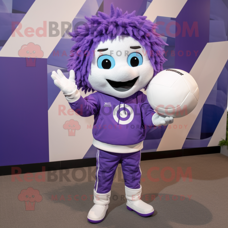 Lavender Volleyball Ball mascot costume character dressed with a Moto Jacket and Gloves
