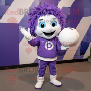 Lavender Volleyball Ball mascot costume character dressed with a Moto Jacket and Gloves