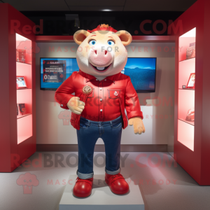 Red Sow mascot costume character dressed with a Flare Jeans and Coin purses