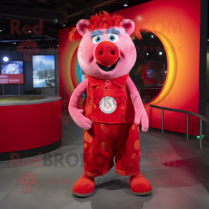 Red Sow mascot costume character dressed with a Flare Jeans and Coin purses