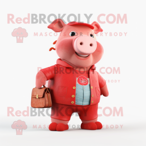 Red Sow mascot costume character dressed with a Flare Jeans and Coin purses