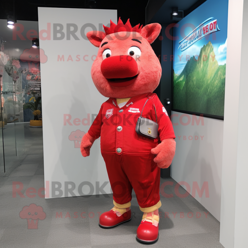 Red Sow mascot costume character dressed with a Flare Jeans and Coin purses Red Sow mascot costume character dressed with a Flare Jeans and Coin purses