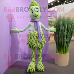 Lavender Asparagus mascot costume character dressed with a Dress Pants and Hair clips