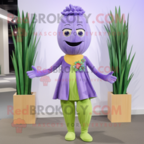 Lavender Asparagus mascot costume character dressed with a Dress Pants and Hair clips