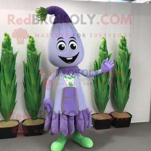 Lavender Asparagus mascot costume character dressed with a Dress Pants and Hair clips