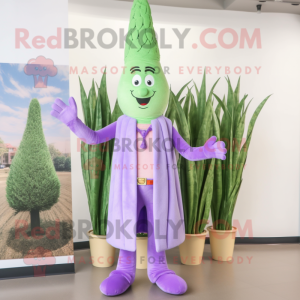 Lavender Asparagus mascot costume character dressed with a Dress Pants and Hair clips