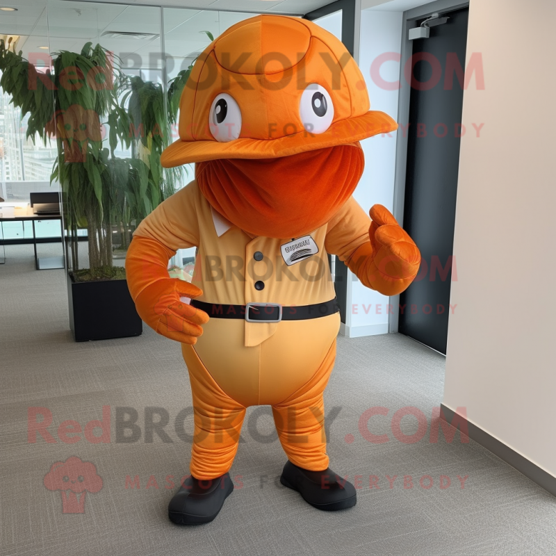Orange Trilobite mascot costume character dressed with a Dress Pants and Berets Orange Trilobite mascot costume character dressed with a Dress Pants and Berets