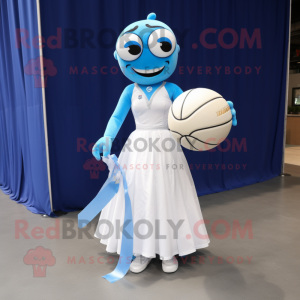Blue Volleyball Ball mascot costume character dressed with a Wedding Dress and Bow ties